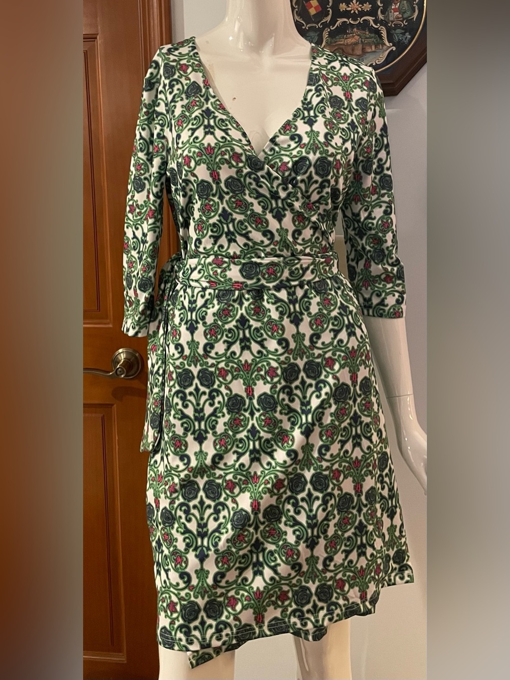 Tracy Negoshian Green and Pink Floral-Print Wrap Midi Dress